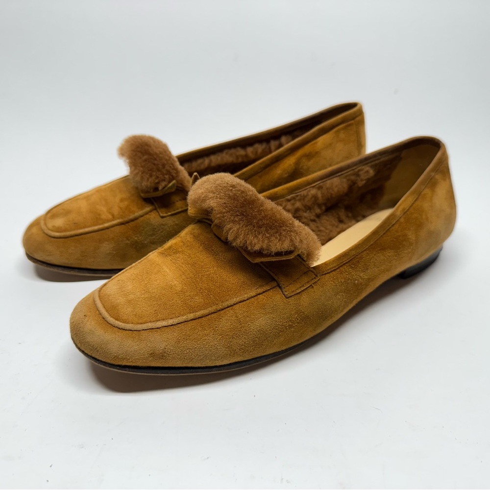 Alexandre Birman Women Tan Suede Loafers with Shearling Trim Size 39.5